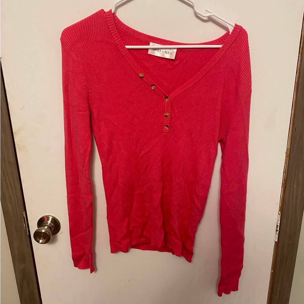 Ribbed Henley Long Sleeve Top - Bright Red